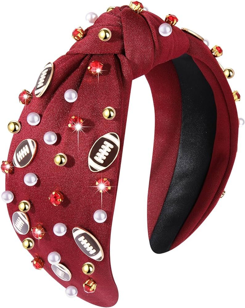 Football Headband Pearl Rhinestone Jeweled Knotted Headband Fun Sports Football Wide Top Knot Hai... | Amazon (US)