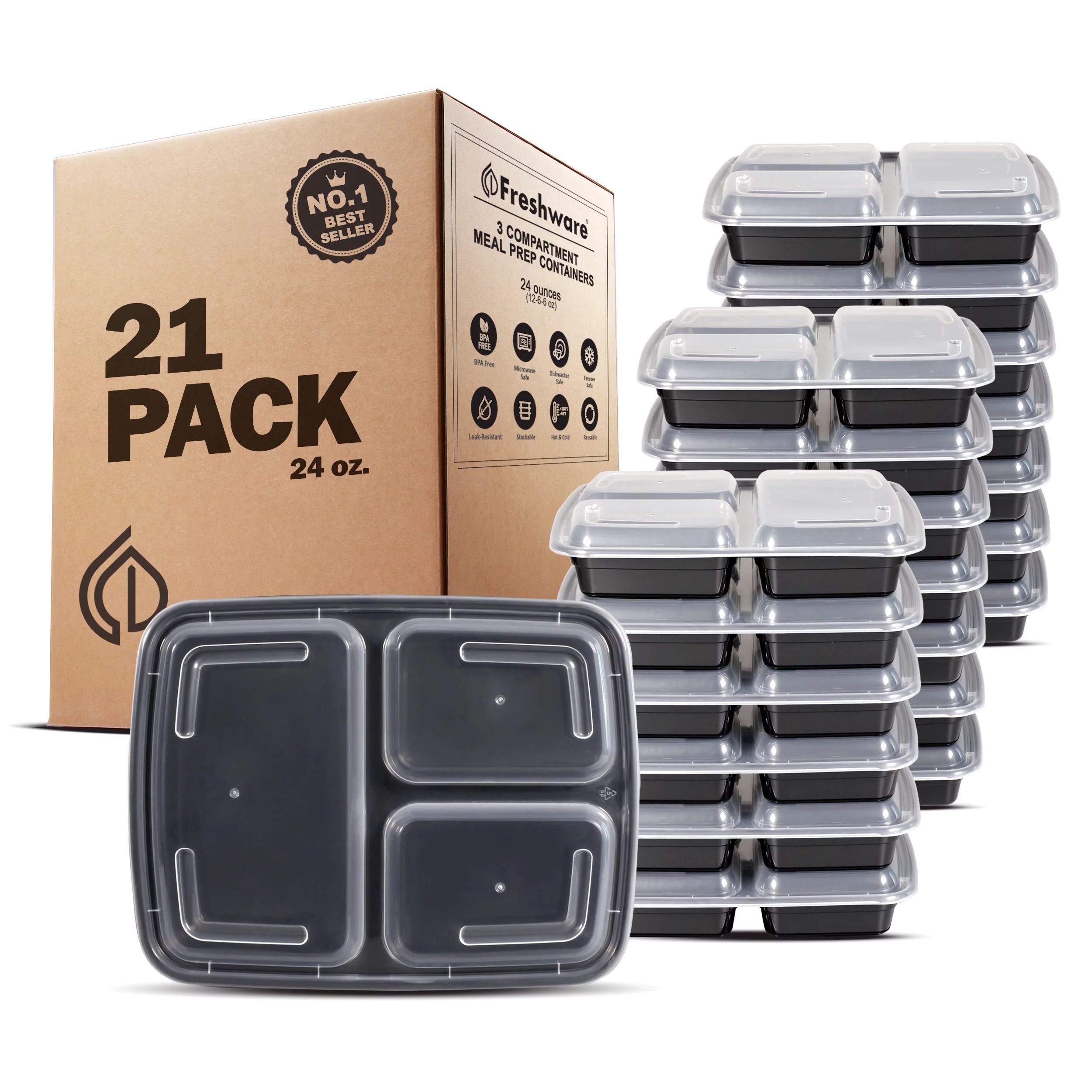 Freshware Meal Prep Containers 3 Compartments with Lids, Set of 21 | Walmart (US)