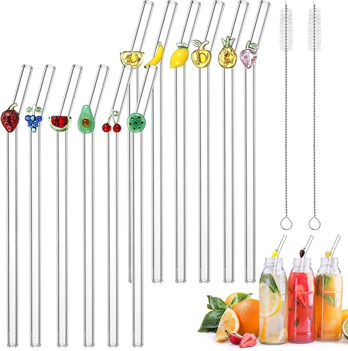 Honeydak 12 Pcs Glass Straws with Design Reusable Cute Fruit Drinking Straws 7.9in x 8mm Colorful... | Amazon (US)