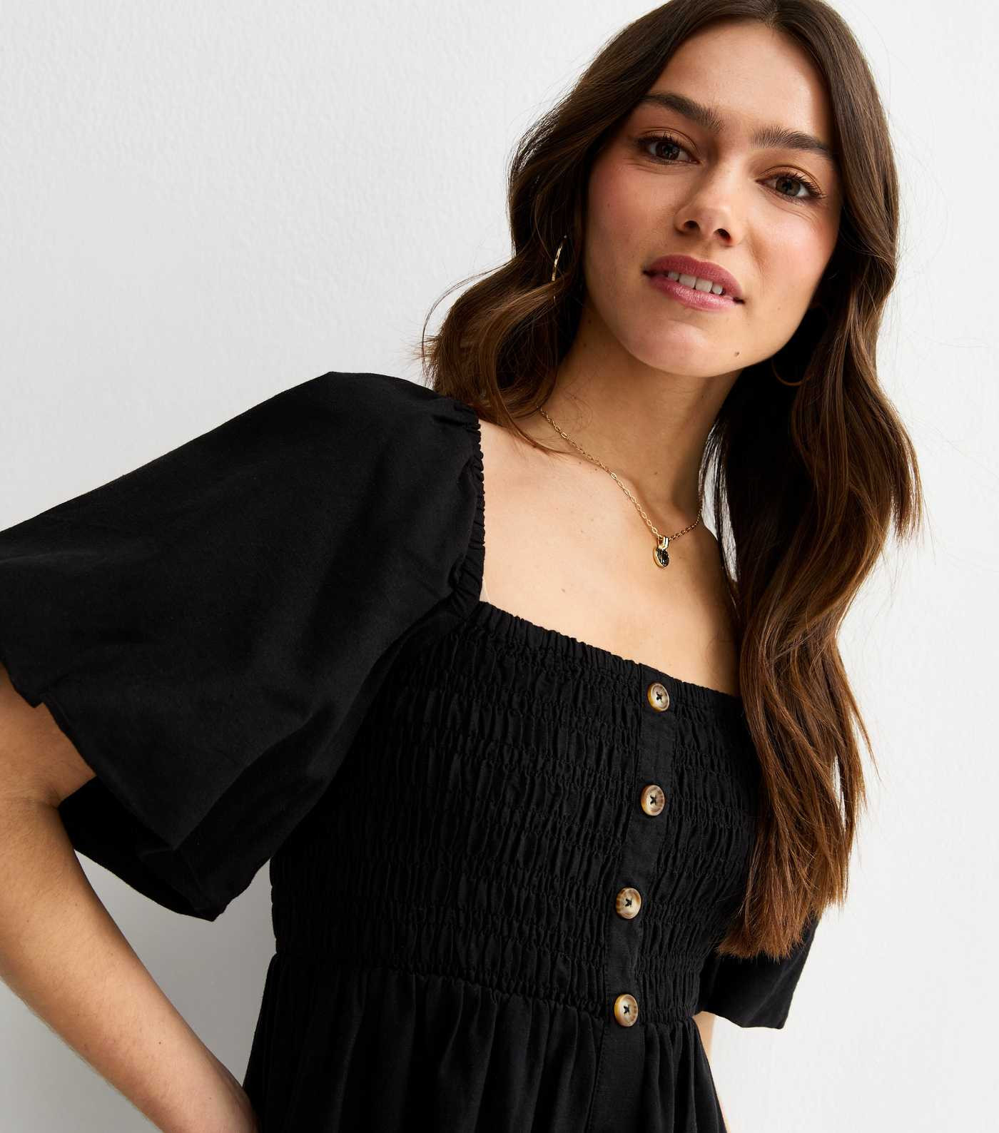 Petite Black Button Through Milkmaid Midi Dress | New Look | New Look (UK)