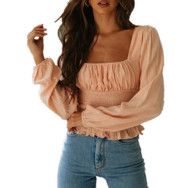 Fashion Women Cropped Tops Tee Square Neck Puff Long Sleeve Blouse Slim Fit Shirred Elastic Waist... | Walmart (US)