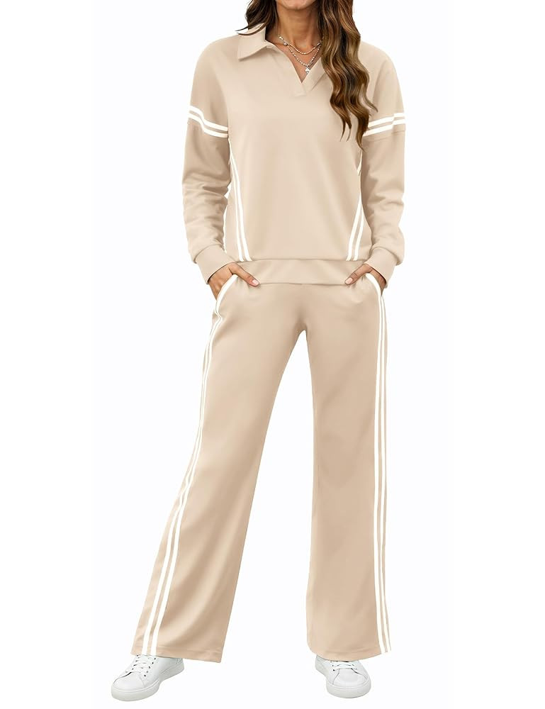 SHESHOW Lounge Sets for Women V-Neck Tracksuit 2-Stripes Wide Leg Pants 2 Piece Outfit Women Swea... | Amazon (US)