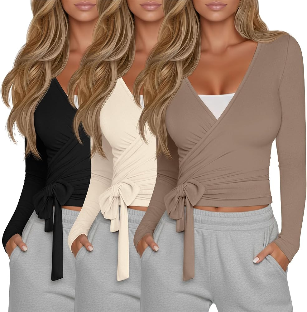 Oakgarden 3 Pack Womens Pilates Ballet Wrap Tops     Tie Front Wrap Around Tops, Pilates Yoga Bal... | Amazon (US)