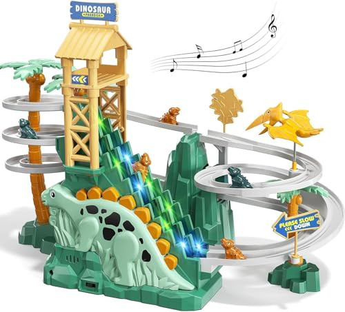 Dinosaur Climbing Slide Stair Toy for Toddlers Aged 3-8 - Racing Track Game Set, Sliding Car Toy, Dinosaur Themed with Light and Music, Birthday Dinosaur Gifts for Boys Girls Kids | Amazon (US)