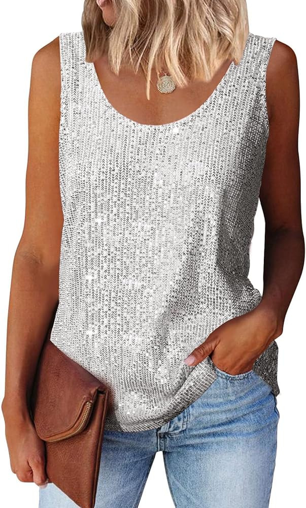 MLEBR Womens Summer Fashion Sequin Tops Scoop Neck Sequin Sparkle Shimmer Sleeveless Tanks Tops B... | Amazon (US)