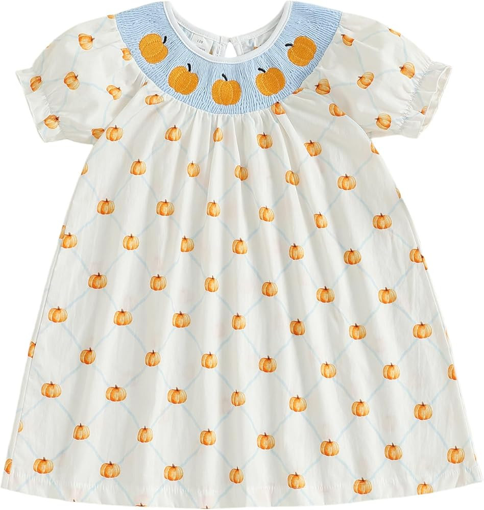 Toddler Baby Girl Smocked Halloween Dress Puff Sleeve Pumpkin Embroidery Dresses Halloween Outfit... | Amazon (US)