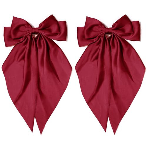2PCS Burgundy Red Hair Bow - Big Satin Bows Hair Clips with Long Tail Ribbon for Women Girls | Amazon (US)