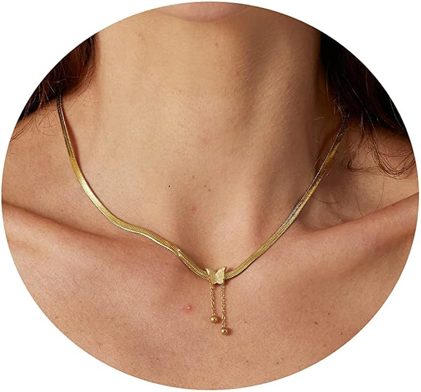 LEXODY 14K Gold Multi-layer Snake Chain Necklace Set Double Layer Snake Filled Herringbone Choker... | Amazon (US)