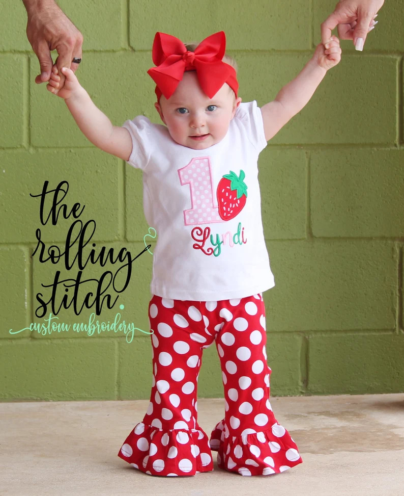 Strawberry Birthday Any Age Girls Embroidered Strawberry Birthday Shirt With Add on Hair Bow and ... | Etsy (US)