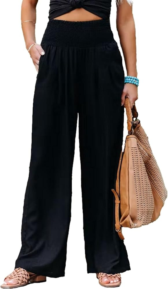 Zontroldy Cotton Linen Wide Leg Palazzo Beach Pants for Women Casual Elastic High Waist Smocked L... | Amazon (US)