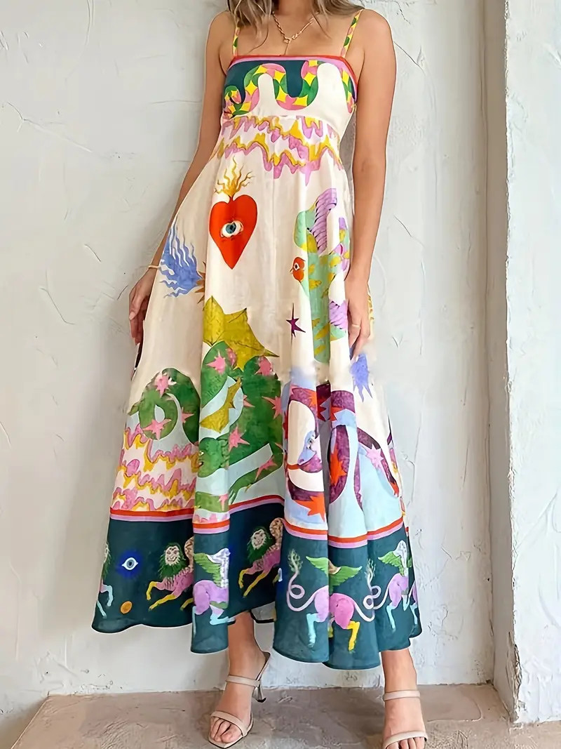 Graphic Print Cami Dress Elegant Ruffle Hem Slim Sleeveless - Temu | Temu Affiliate Program