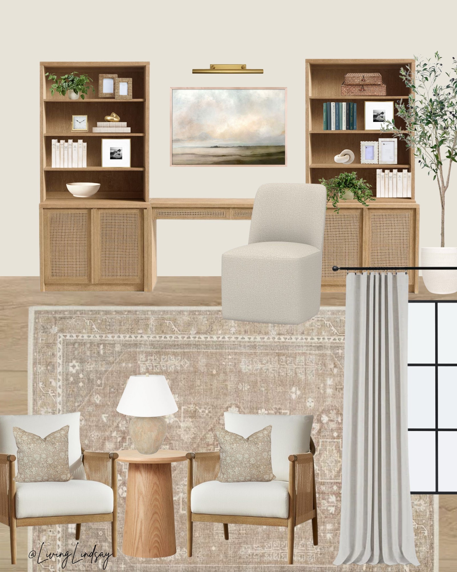 Neutral home office, neutral rug, home office, accent chairs, desk chair, desk, office built ins, office shelving, office storage, office organization, office ideas, home office inspo

#LTKWorkwear #LTKHome #LTKFamily
