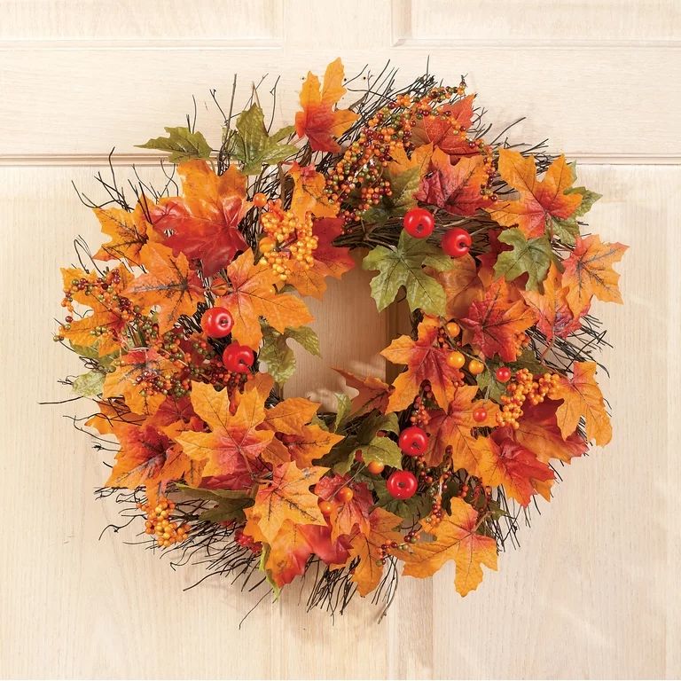 Berry and Autumn Leaves Wreath by Collections Etc., 20-Inch  Diameter, Leaf Wreath for Fall and H... | Walmart (US)