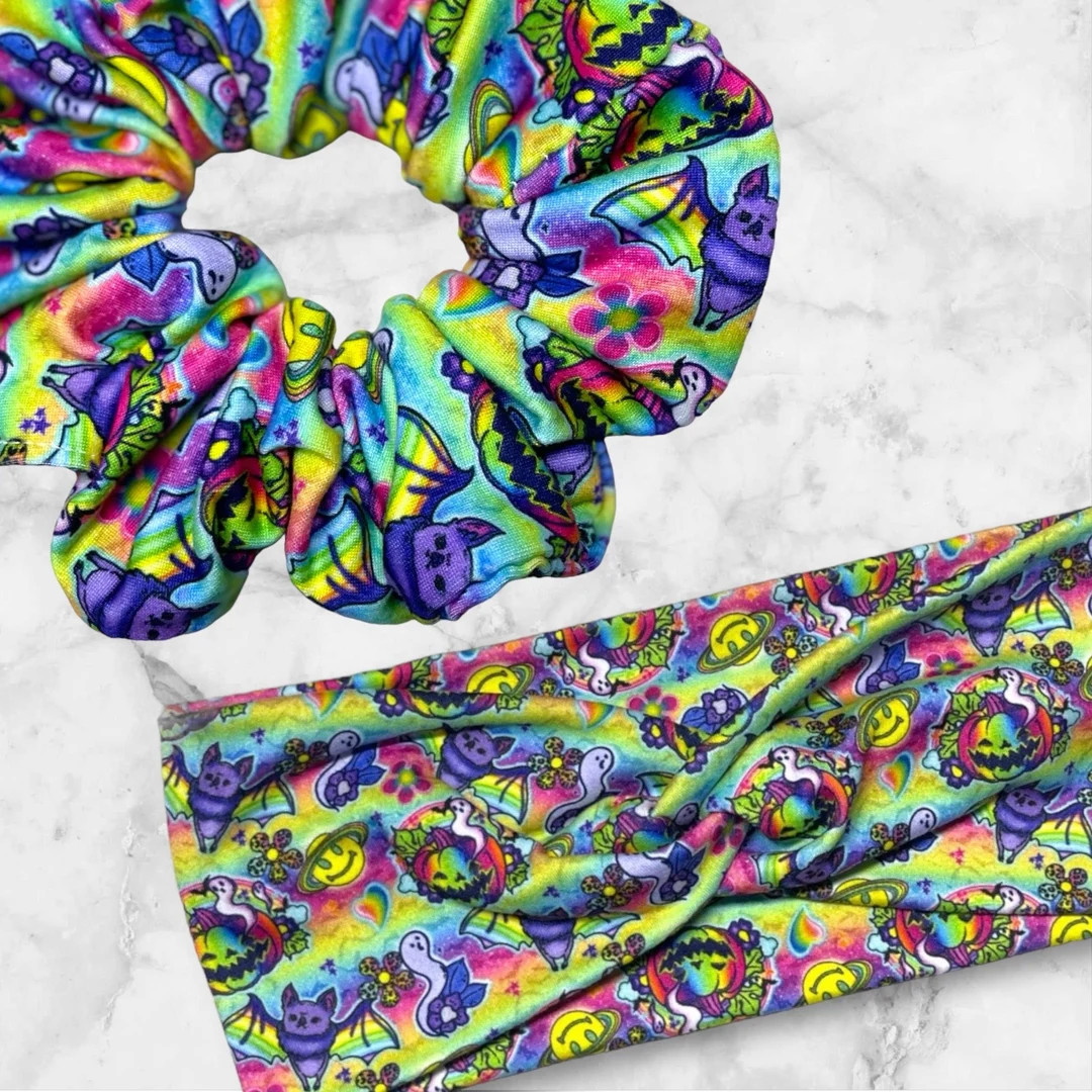 90's Retro Halloween Head Wrap/bright Colors Headband/extra Large Scrunchie/spooky Cute Halloween... | Etsy (US)