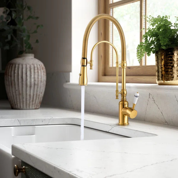 Solid Brass Single Handle Deck Mounted Pull Down Kitchen Sink Faucet with 360° Rotation Spout | Wayfair North America