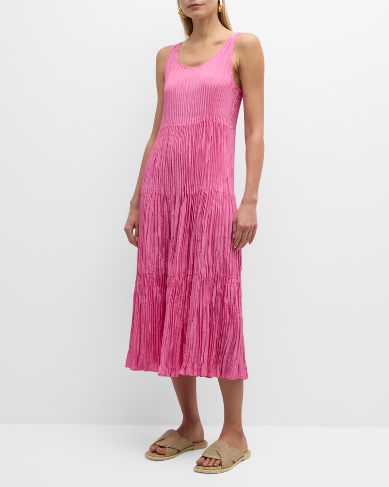 Tiered Sleeveless Crinkled Midi Dress | Neiman Marcus