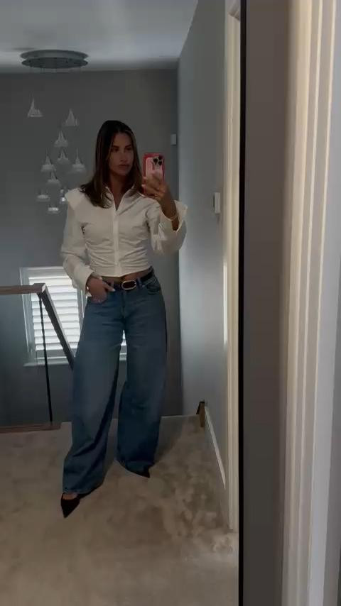 Autumn outfit idea, transitional pieces, wide leg jeans, heeled pointed slingbacks, PLT, fitted shirt, Zara, ootd  

 #LTKuk #LTKautumn #LTKeurope