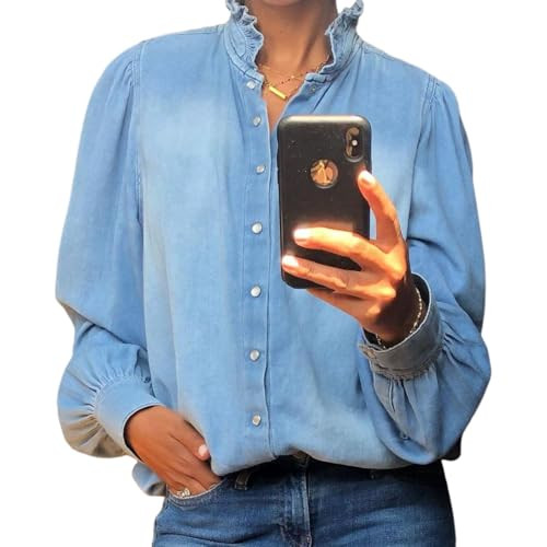 Womens Blue Ruffled Collar Denim Shirt Trendy Snap Fastener Long Sleeve Tops 2025 Fall Western Co... | Amazon (US)