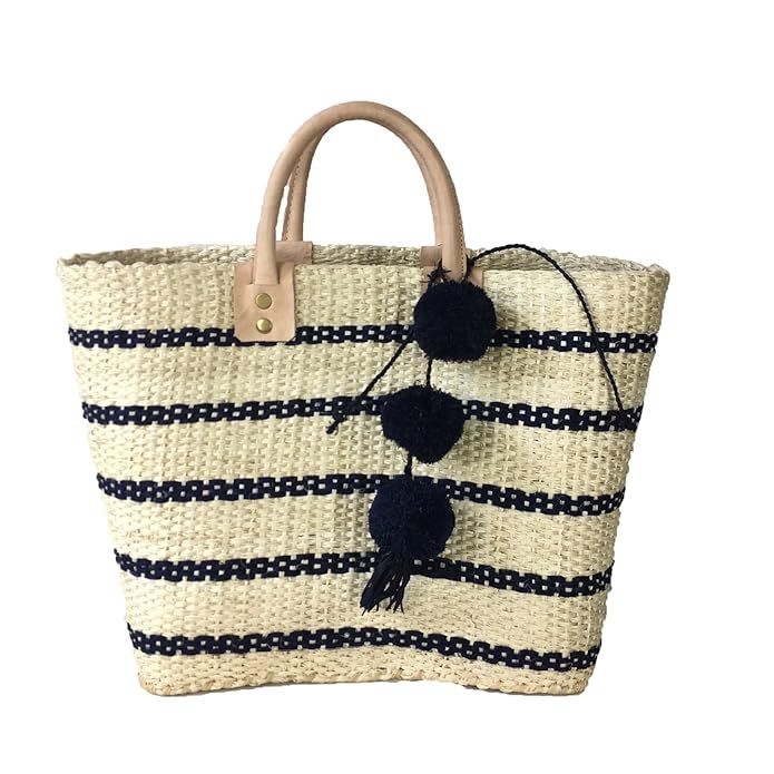 Mar Y Sol Tybee Striped Market Tote Bag Pom Pom, Natural/Navy | Amazon (US)