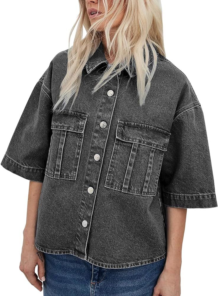 Imily Bela Womens Button Down Denim Jackets Summer Casual Loose Fit Short Sleeve Jean Coats with ... | Amazon (US)