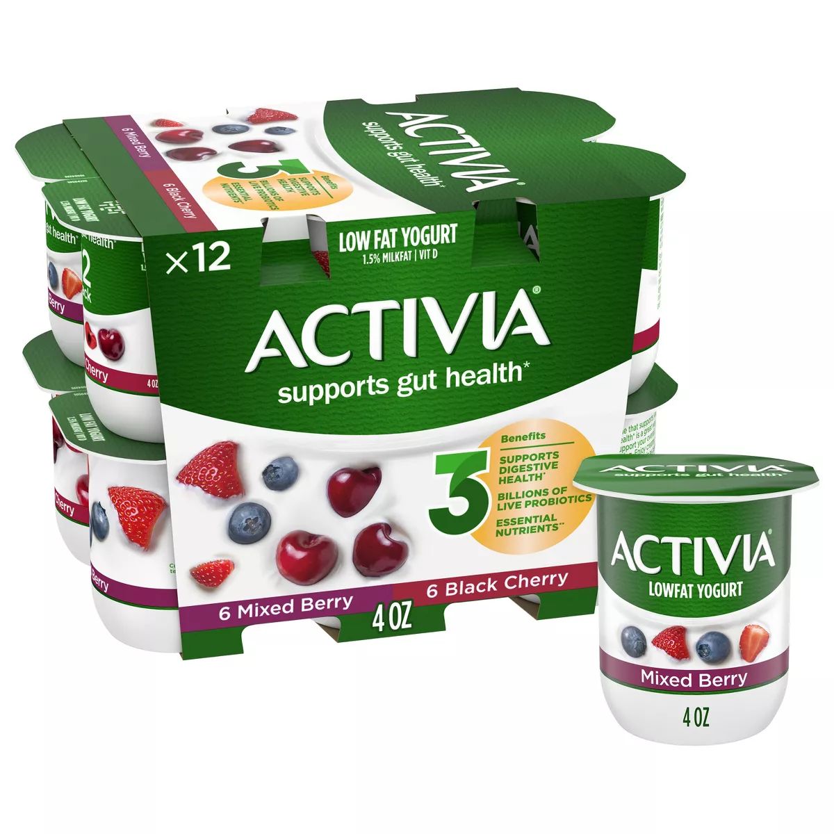 Activia Probiotic Black Cherry & Mixed Berry Yogurt Variety Pack - 12ct/4oz Cups | Target