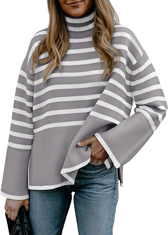 BTFBM Women Casual Turtleneck Striped Sweater 2023 Fall Winter Jumper Tops Long Sleeve Side Slit ... | Amazon (US)