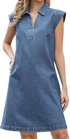 SUNNOW Women's Light Blue Denim Tunic Dress V-Neck Short Sleeve Loose Fit Casual Pullover Summer Dress | Amazon (US)