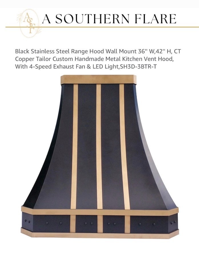 Black Stainless Steel Range Hood Wall Mount 36" W,42" H, CT Copper Tailor Custom Handmade Metal Kitchen Vent Hood,
With 4-Speed Exhaust Fan & LED Light

#LTKHome