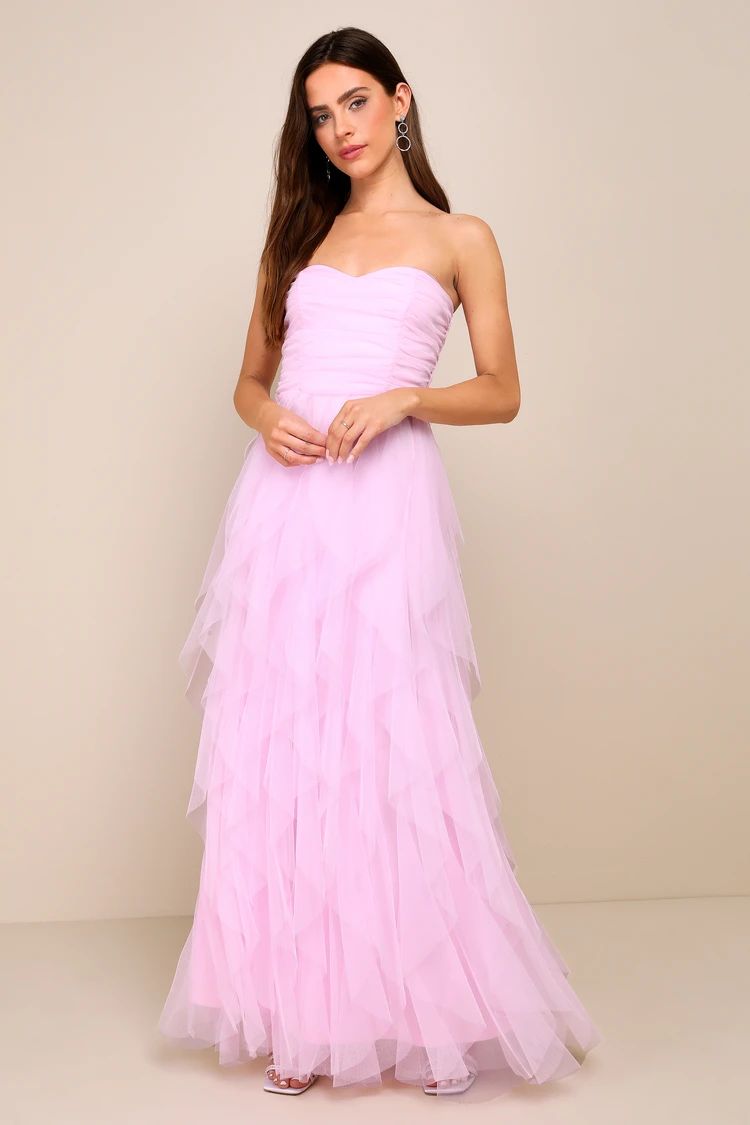 Delightful Beauty Pink Mesh Strapless Ruched Ruffled Maxi Dress | Lulus