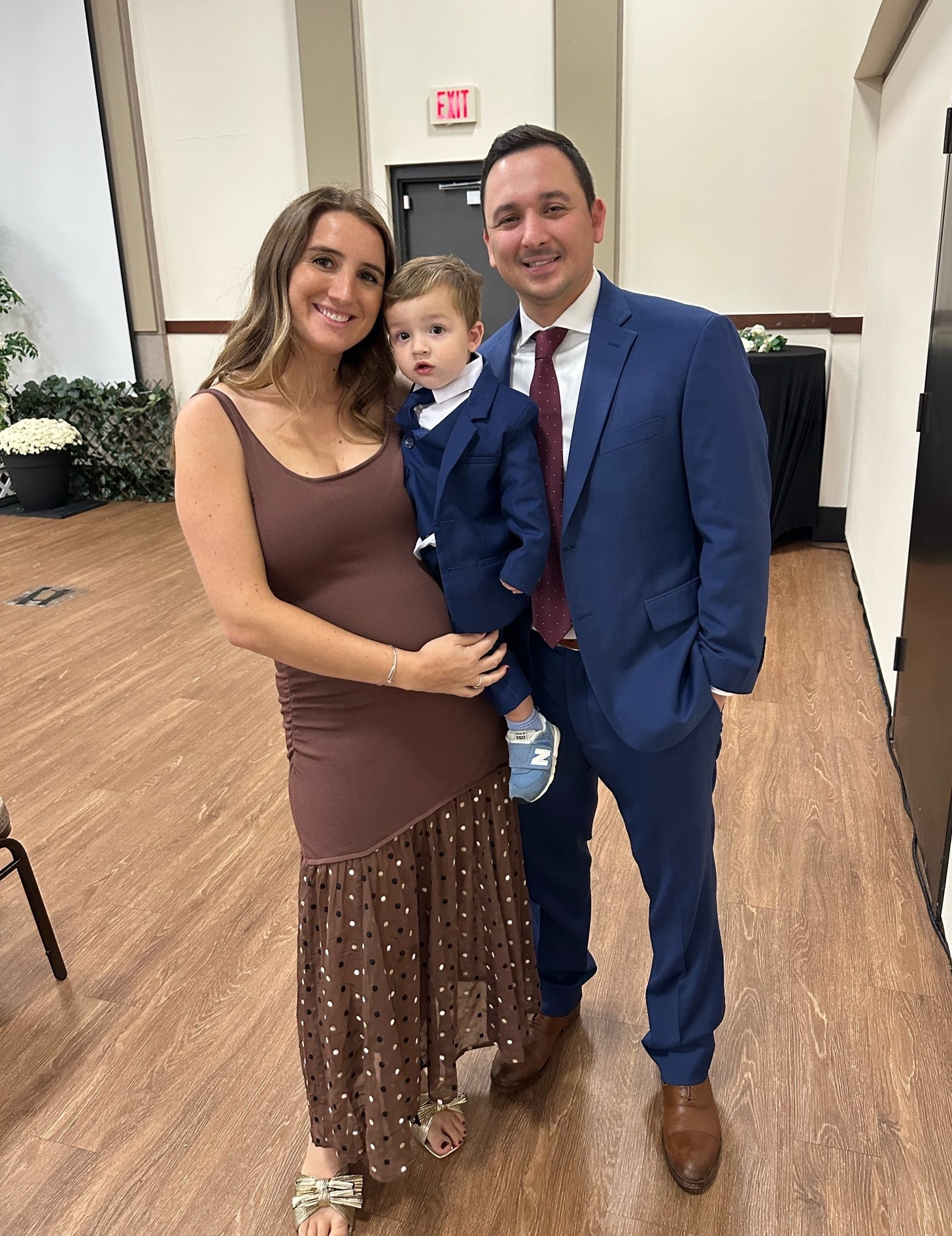 I wore this polka dot dress to my cousins wedding! LOVED the fit and felt great in it! Also can be pregnancy friendly.

Also linking Teddy’s suit (under $50 from Amazon!!)