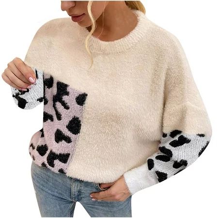 Bescita Women s Imitation Mink Knitted Round Neck Long Sleeve Contrast Leopard Sweater | Walmart (US)