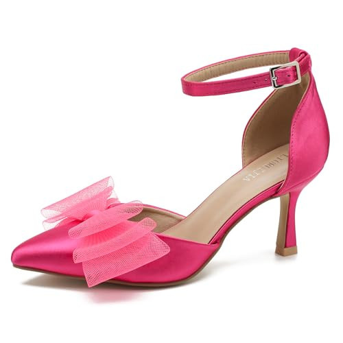 LIURUIJIA Women's Closed Toe Bow Heels Ankle Strap Pointed Toe Satin Low Heel Pumps Comfortable Wedding Bridal Party Prom Dress Shoes Hot Pink 43 US 10 | Amazon (US)