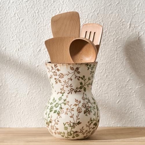 JIEMEI HOME Kitchen Utensil Holder for Countertop, 7.56" Ceramic Large Rustic Utensil Crock, Farmhouse Cooking Tool Organizer, Spatula Holder For Kitchen Decor, Green and Brown Floral | Amazon (US)