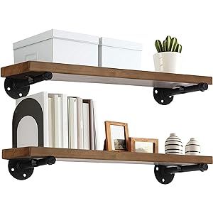 TEN49 Industrial Wood Shelf - 24" Espresso Rustic Wooden Wall Shelves with Iron Pipes - Contempor... | Amazon (US)