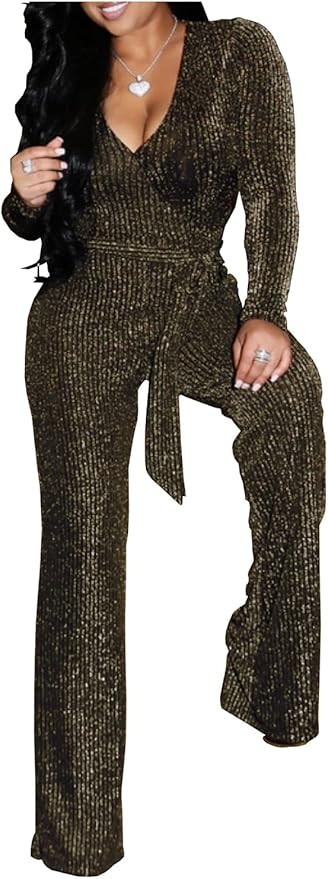 LightlyKiss Women Casual Sexy V Neck Sparkly Jumpsuits Long Sleeve Onesie Loose Pants Party Clubw... | Amazon (US)