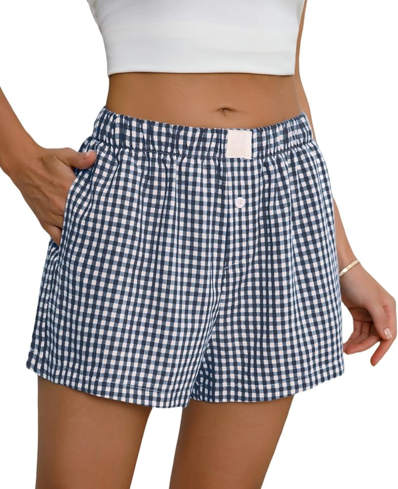 Womens Boxer Shorts Cotton Summer Casual Pajama Y2K Sleep Gingham Plaid Shorts Bottom with Pocket... | Amazon (US)