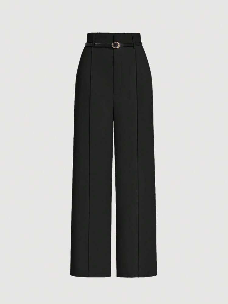 SHEIN MOD Women's Black Toothpick Straight Leg Pants With Belt, Color,Winter Pants,Winter Pants For Women,High Waist Pants, ,New Years Women Outfit,Vacation Outfits Woman,Business Casual Woman,Office Wear Women,Old Money | SHEIN