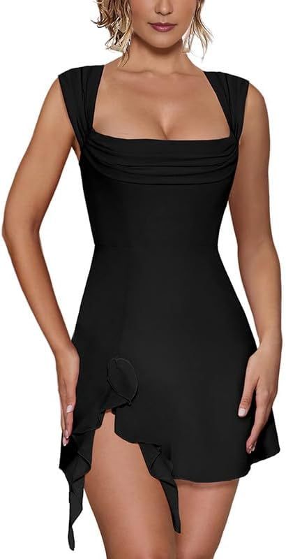 Aisbei Women's Sexy Square Neck Dress Sleeveless Elegant Ruffle Side Slit A Line Party Club Mini ... | Amazon (US)