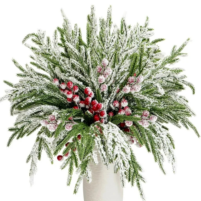 24Pcs Norfolk Pine Branches with Red Berry Stems, 14in Artificial Christmas Greenery Picks Fake P... | Walmart (US)