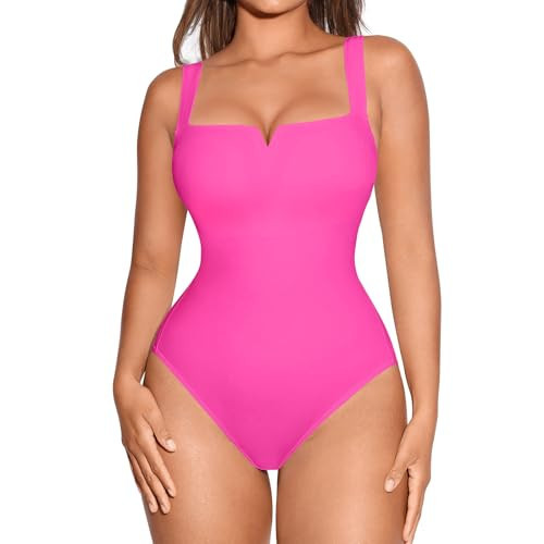 FeelinGirl Shapewear Tank Tops Tummy Control Slim Body Shaper Square Neck Jumpsuit Going Out Tank Tops Shapewear Bodysuit Pink S | Amazon (US)