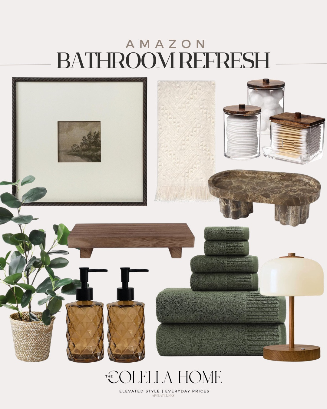 Amazon bathroom reset includes table lamp, bath towels, soap dispenser, faux plant, tray, wall art, canisters. 

Home decor, bathroom decor, home accentss

#LTKSaleAlert #LTKHome #LTKvlog