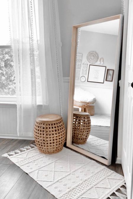 Mirror. Stool. Side table. Boho rug. 

#LTKhome #LTKfamily #LTKstyletip