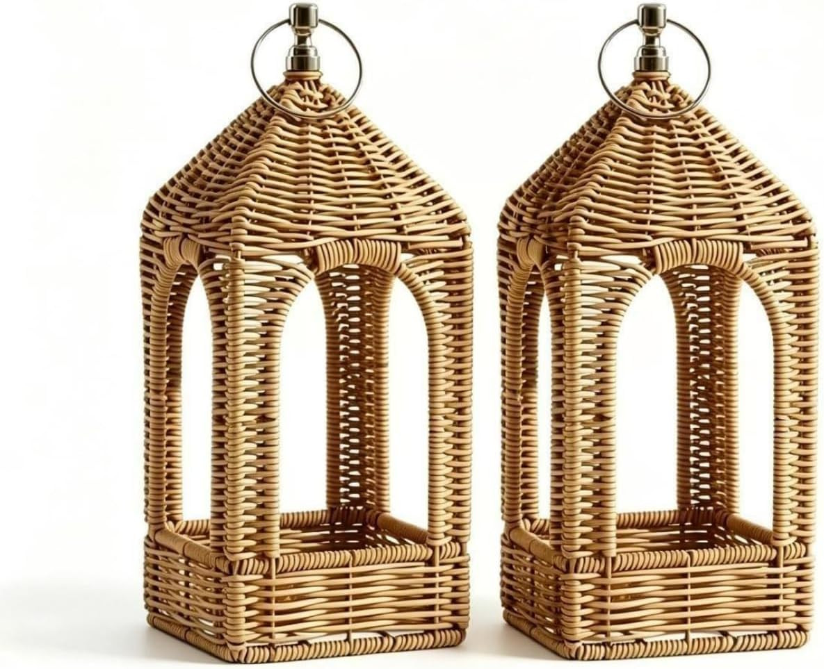 2 PCS Handmade Artificial Rattan Candle Lantern, Boho Woven Decor for Indoor Outdoor Patio Garden Wedding Home | Amazon (US)