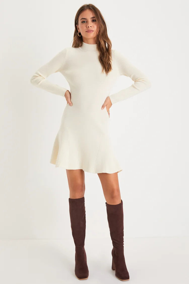 Adorable Intentions Ivory Mock Neck A-Line Mini Sweater Dress | Lulus