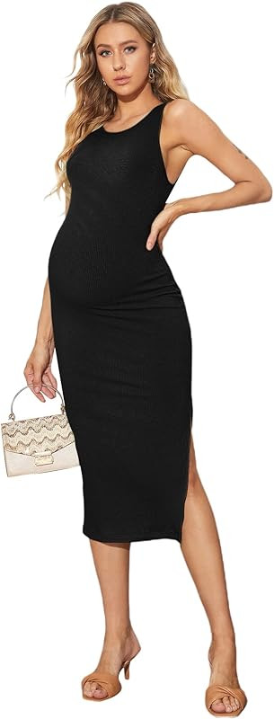 Verdusa Women's Maternity Sleeveless Round Neck Split Long Tank Dress | Amazon (US)
