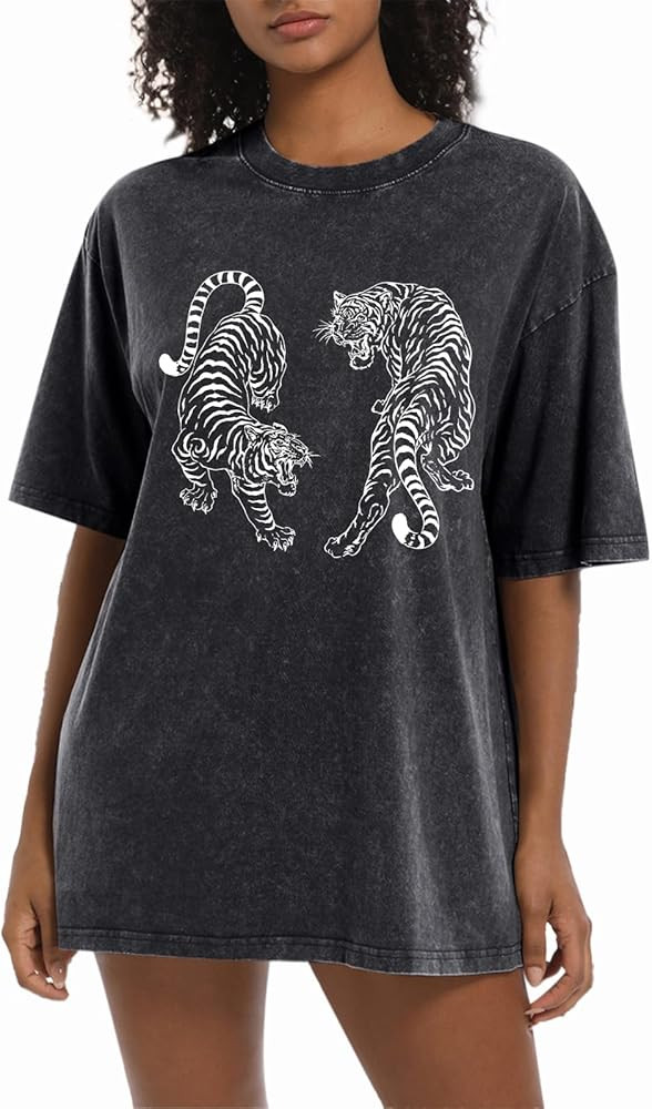 Tiger Graphic Tees Shirt for Women Oversized Streetwear Shirts Acid Wash Tshirt Tigers Print Cott... | Amazon (US)