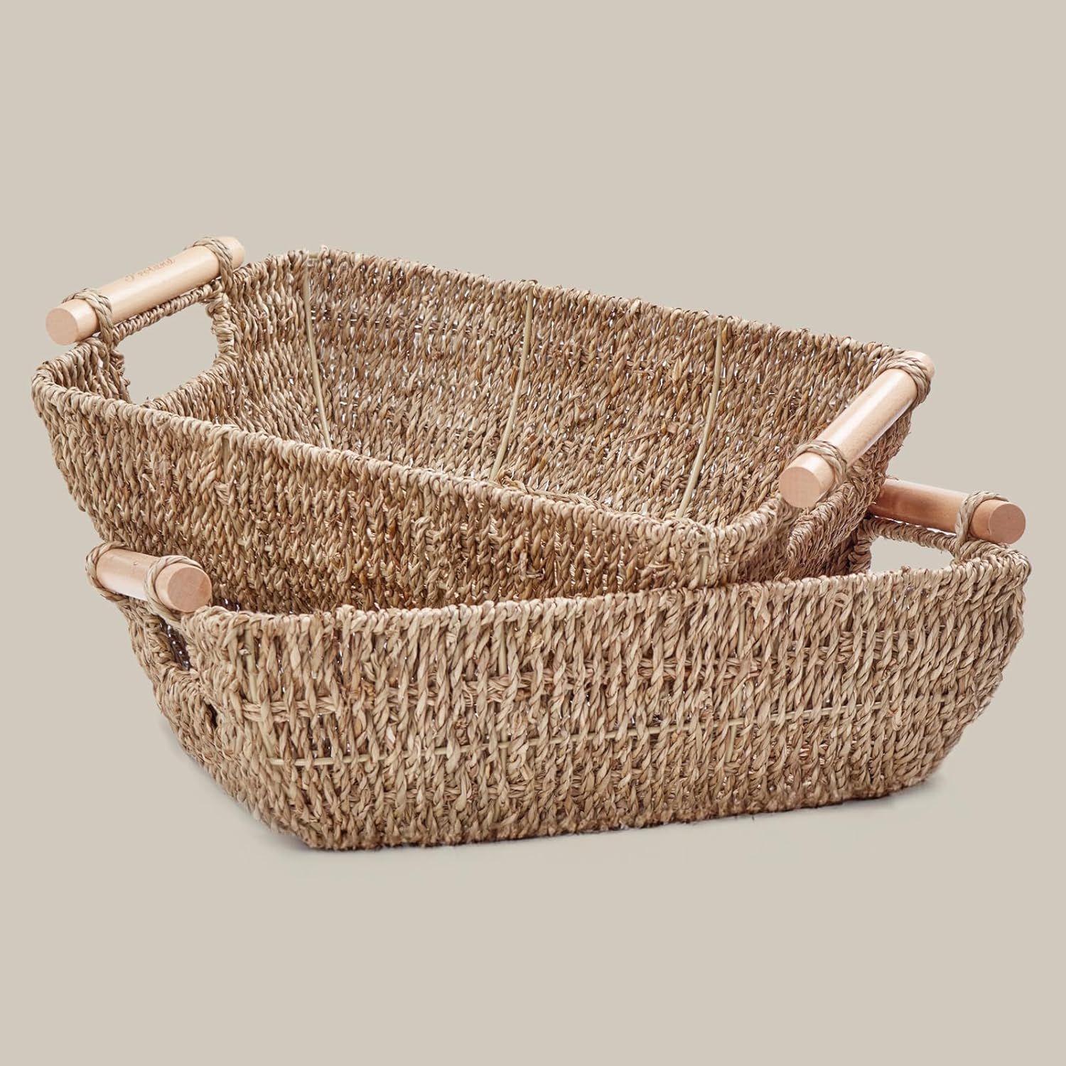 Storage Basket Hand-Woven Large Storage Baskets with Wooden Handles, Seagrass Wicker Baskets for ... | Amazon (US)
