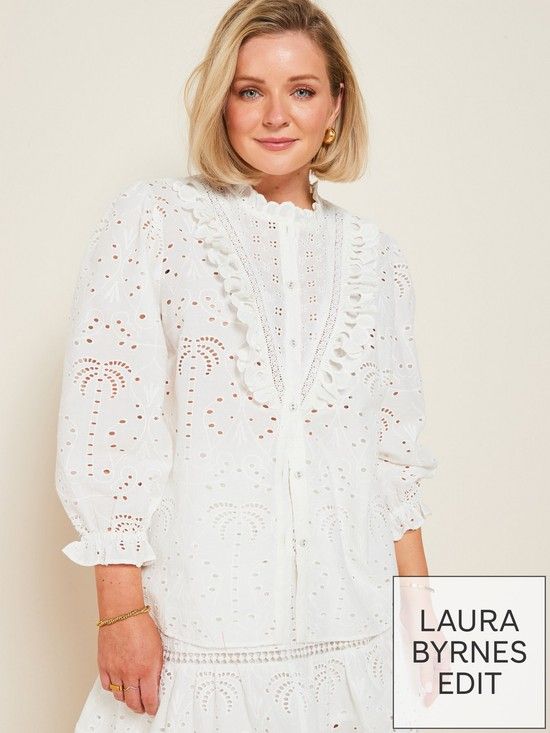 X Laura Byrnes Broderie Frill Blouse - White | Very (UK)