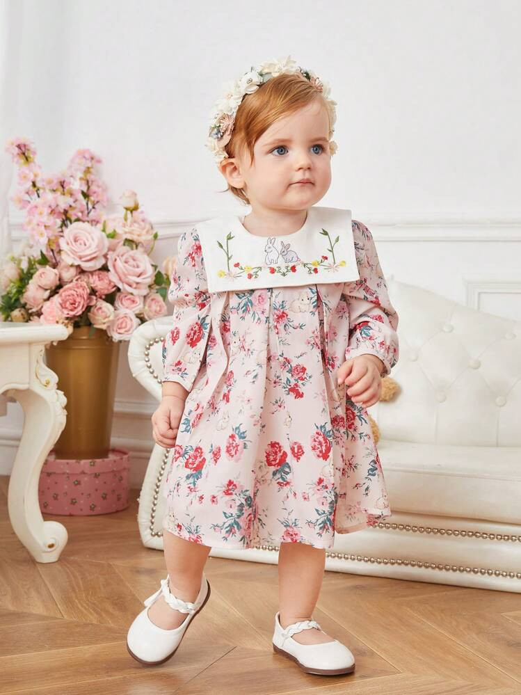New Arrival Baby Girl Floral Embroidered Casual Elegant Dress | SHEIN