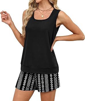 WIHOLL Two Piece Sets for Women Summer Lounge Short Sets Tank Square Neck Sleeveless Sweatsuit wi... | Amazon (US)
